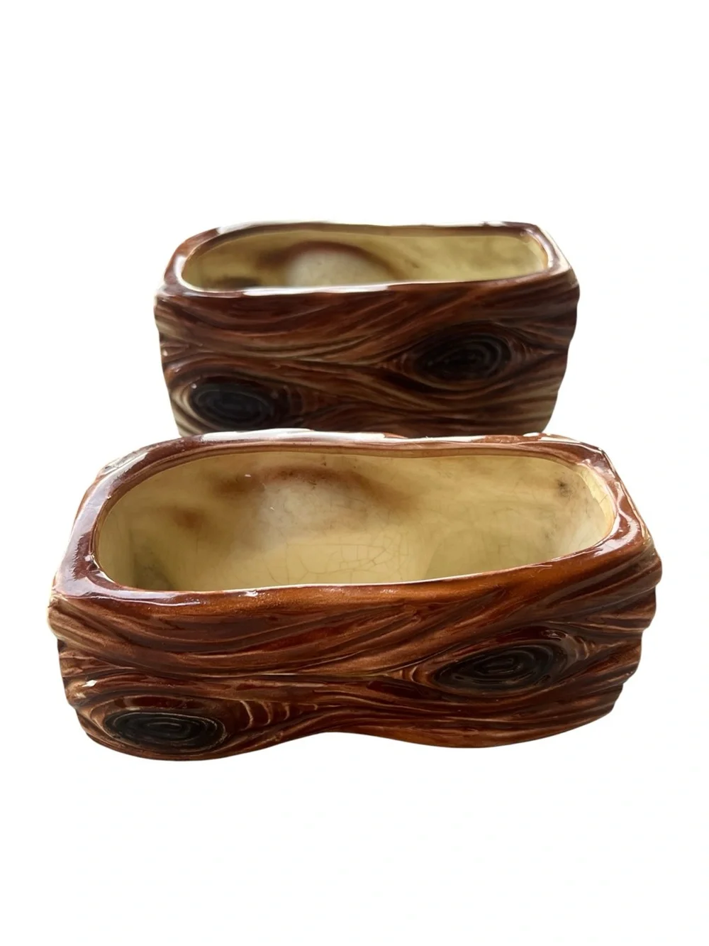 Vintage MCM Ceramic Elf Pixie Log Planters Pair Faux Bois Woodland Kitsch